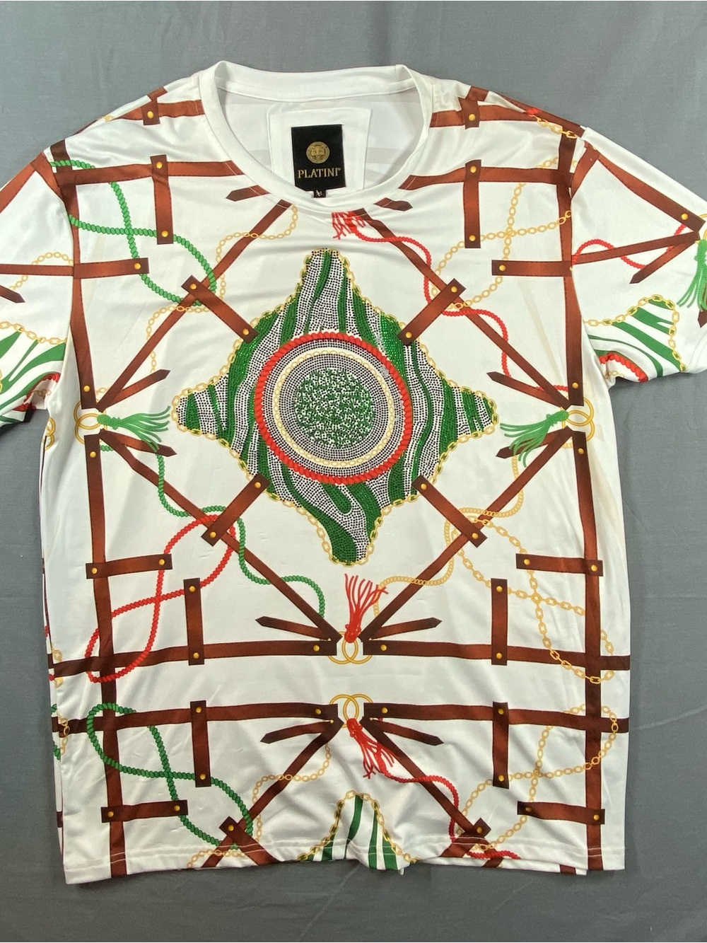 Platini Rhinestone White Graphic Chain-Print Unisex shirt XL